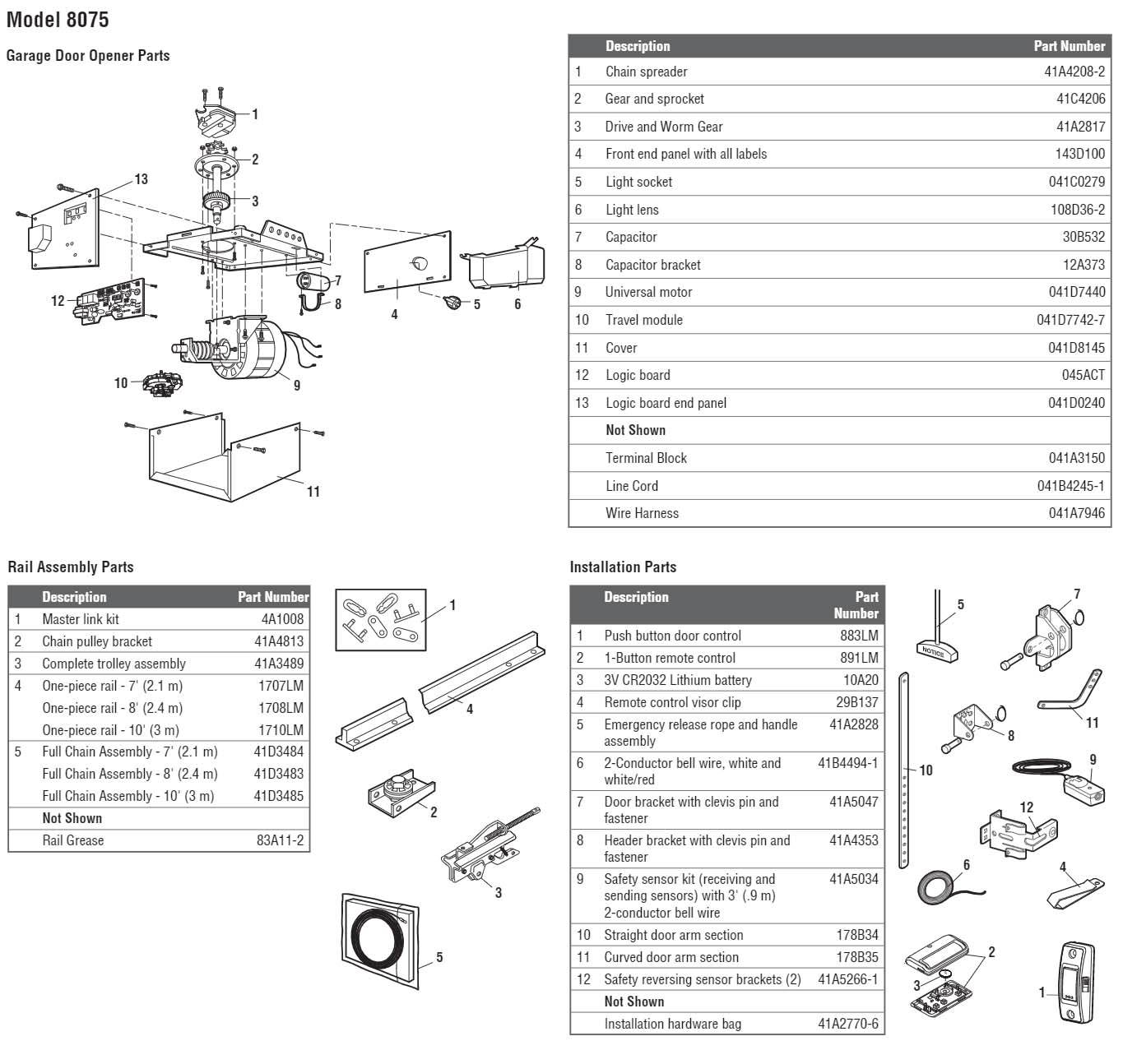LiftMaster 8075 Garage Door Opener Parts Diagram and List