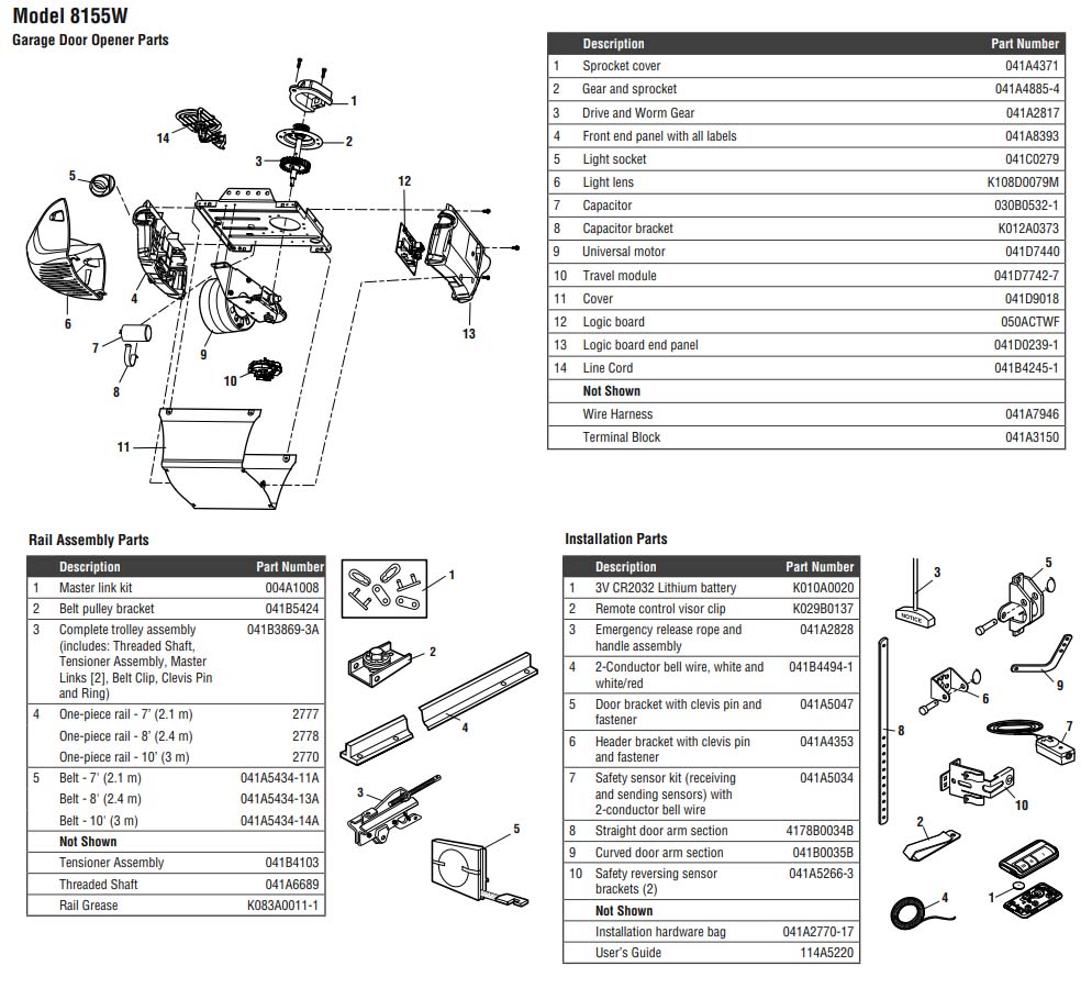 LiftMaster 8155W Garage Door Opener Parts Diagram and List