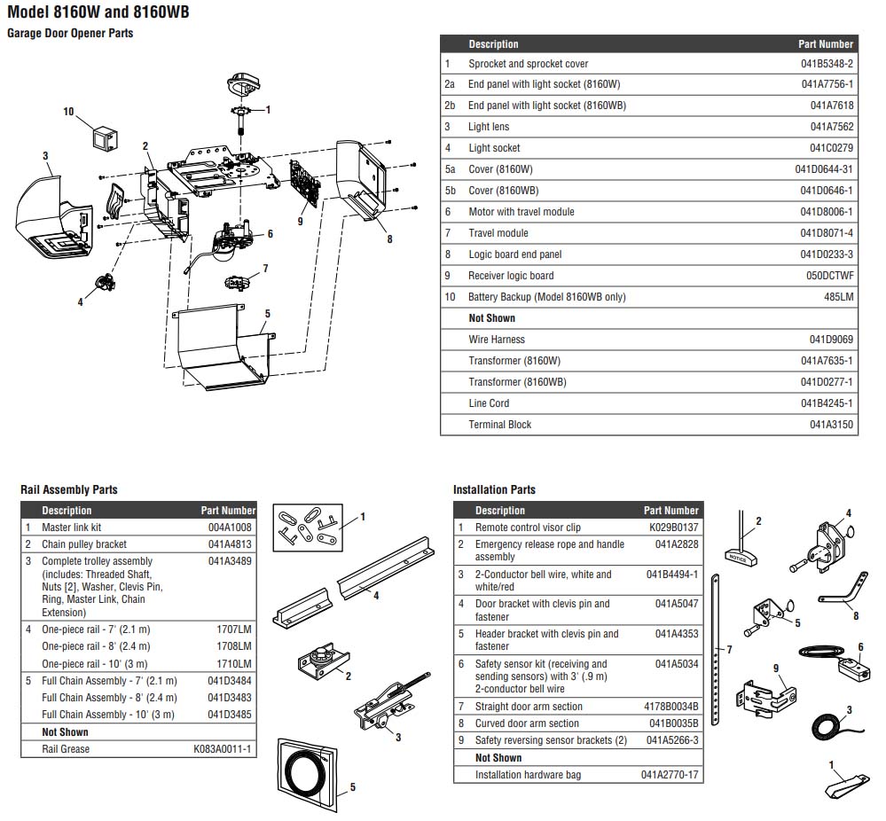 LiftMaster 8160W and 8160WB Garage Door Opener Parts Diagram and List
