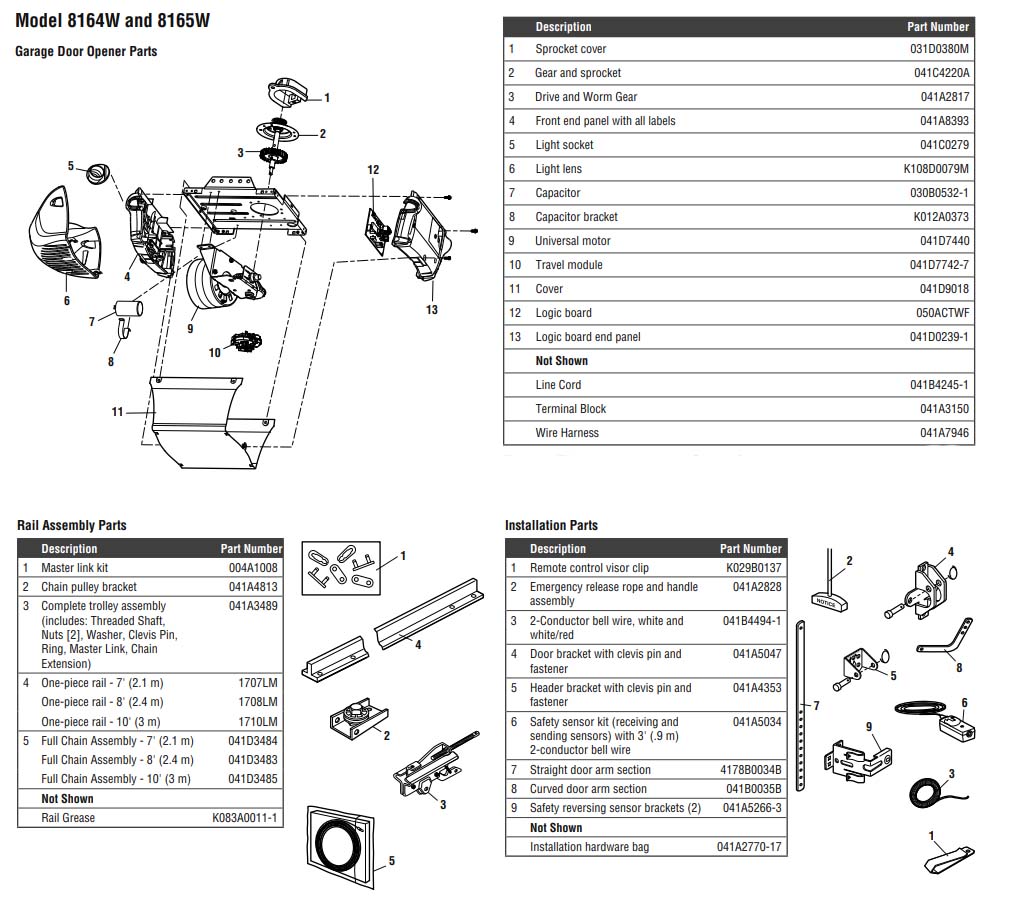 LiftMaster 8164W and 8165W Garage Door Opener Parts Diagram and List