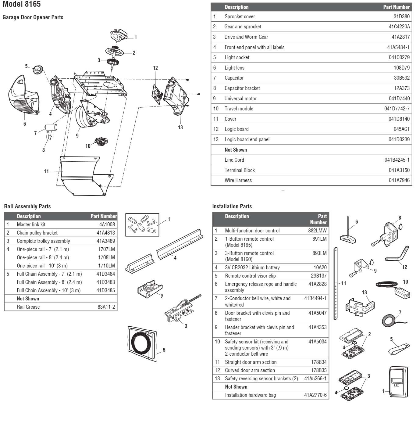 LiftMaster 8165 Garage Door Opener Parts Diagram and List