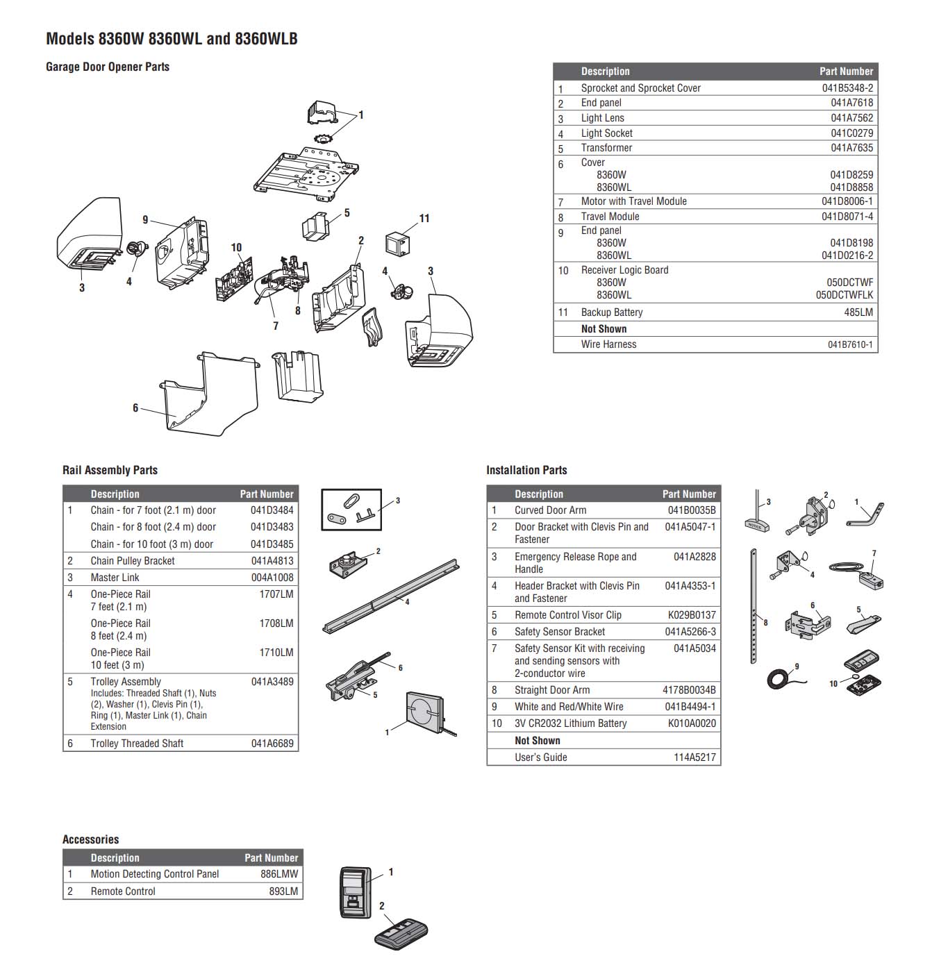 LiftMaster 8360W, 8360W-267, 8360WL and 8360WLB Garage Door Opener Parts Diagram and List