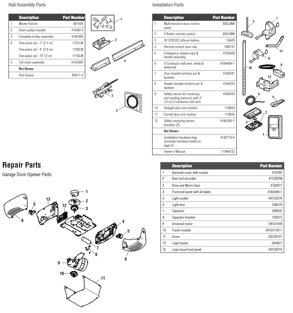 LiftMaster 8365-267 Garage Door Opener Parts Diagram and List
