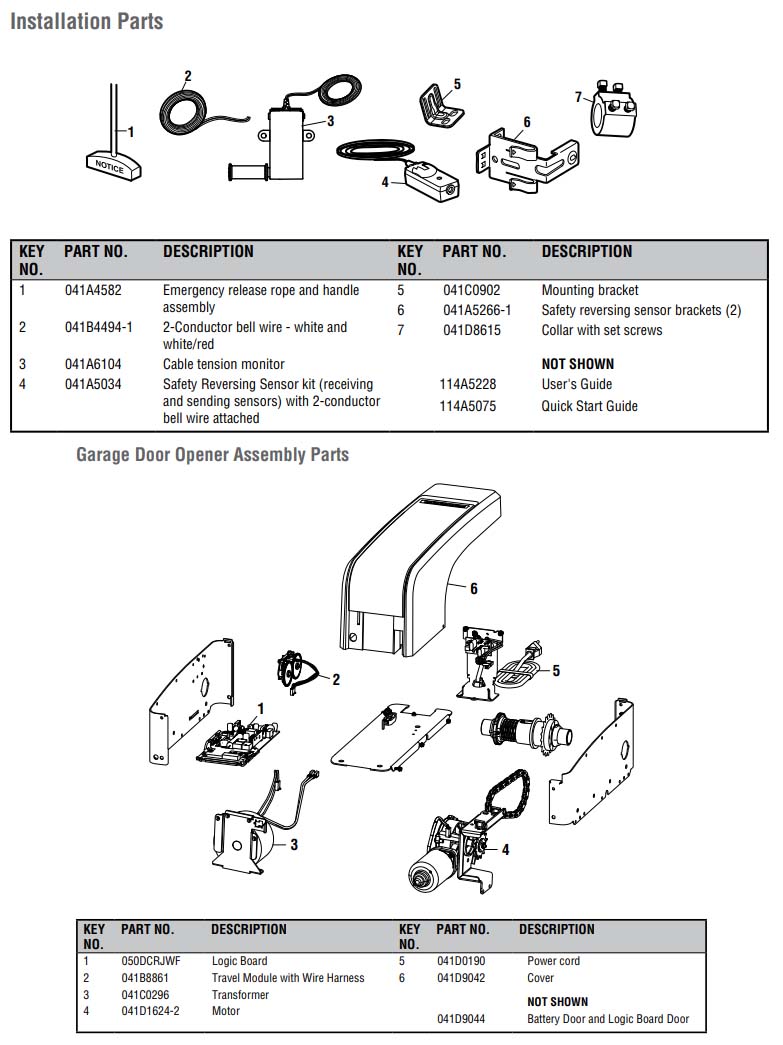 LiftMaster 8500W and 8500WMC Garage Door Opener Parts Diagram and List