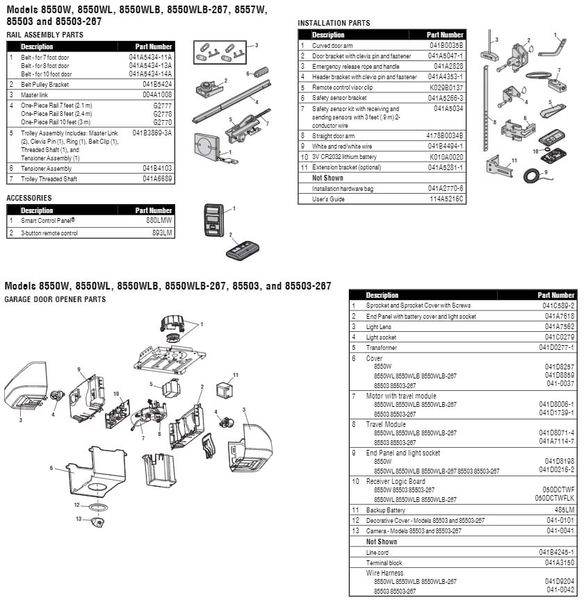 LiftMaster 8550W and 8550W-267 Garage Door Opener Parts Diagram and List