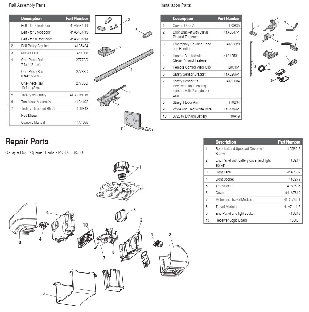 LiftMaster 8550 and 8550-267 Garage Door Opener Parts Diagram and List