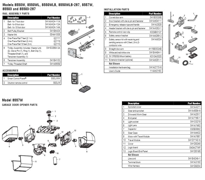 LiftMaster 8557W Garage Door Opener Parts Diagram and List