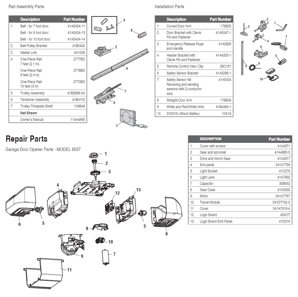 LiftMaster 8557 Garage Door Opener Parts Diagram and List