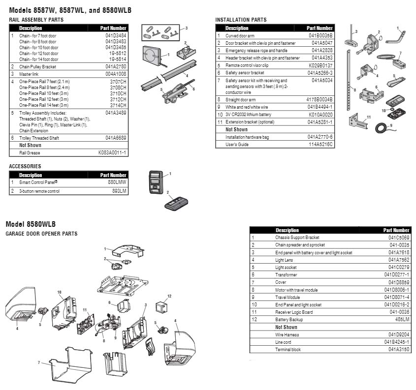 LiftMaster 8580WLB Garage Door Opener Parts Diagram and List