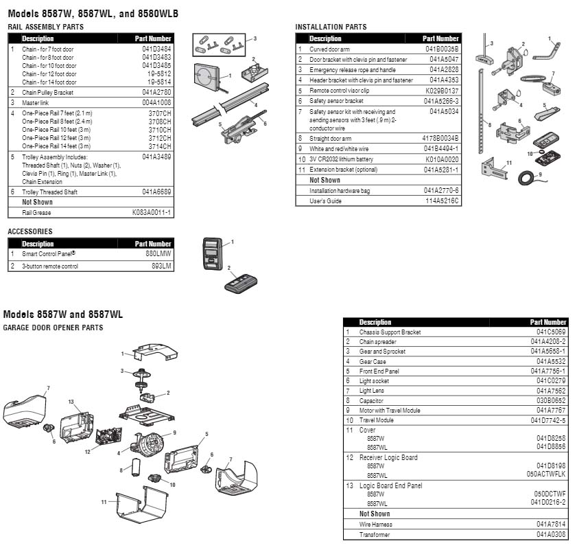 LiftMaster 8587WL Garage Door Opener Parts Diagram and List