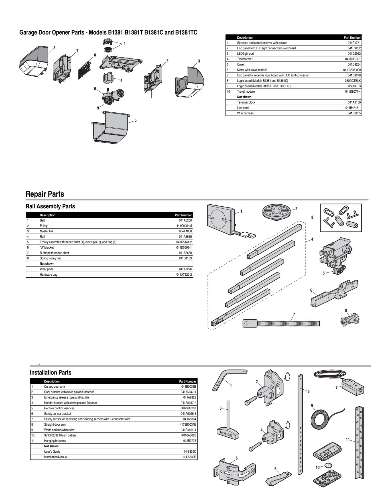 Chamberlain B1381, B1381T, B1381C and B1381TC Garage Door Opener Parts Diagram and List