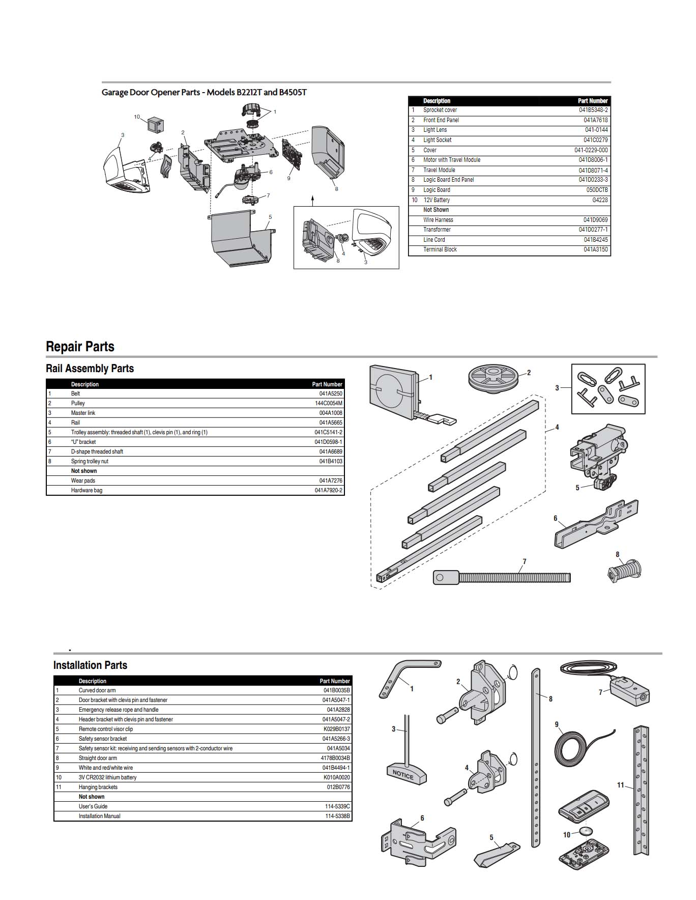 Chamberlain B2212T Garage Door Opener Parts Diagram and List