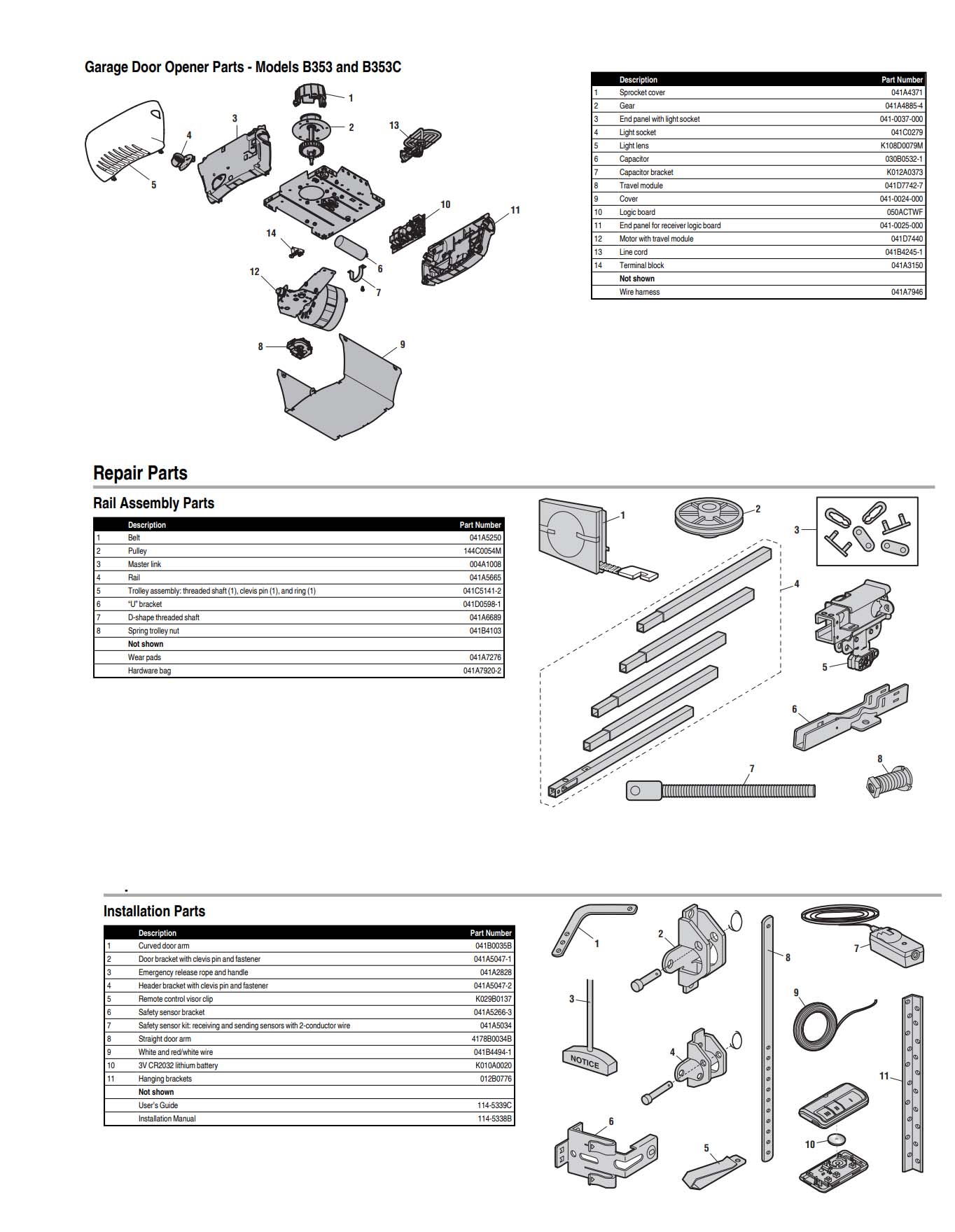Chamberlain B353 and 353C Garage Door Opener Parts Diagram and List