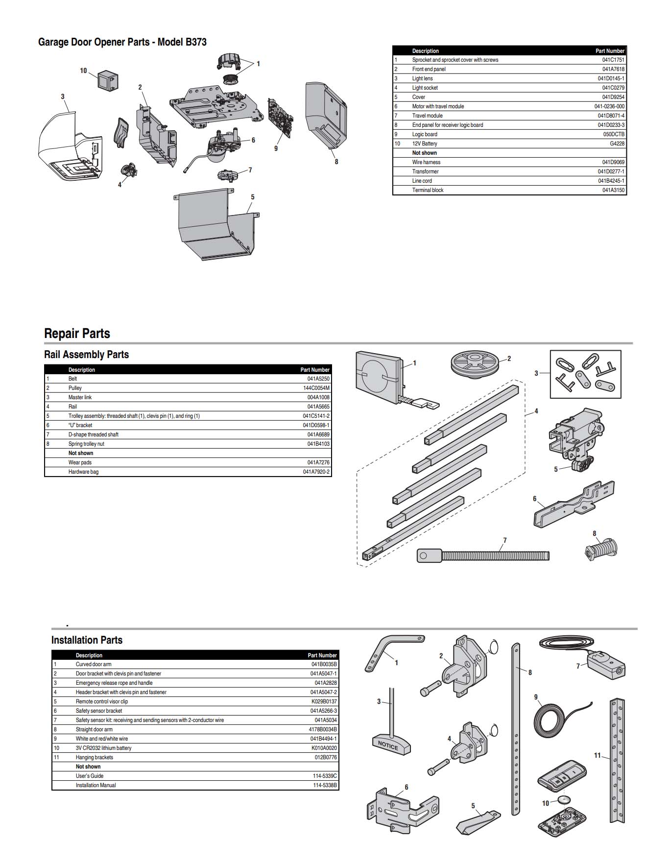 Chamberlain B373 Garage Door Opener Parts Diagram and List