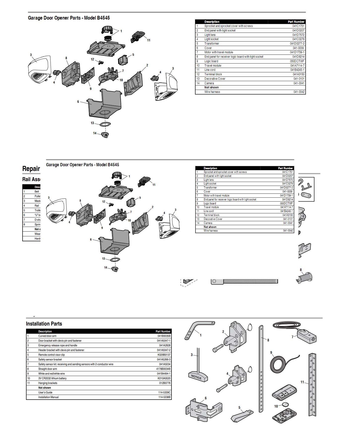 Chamberlain B4545 and B4545T Garage Door Opener Parts Diagram and List