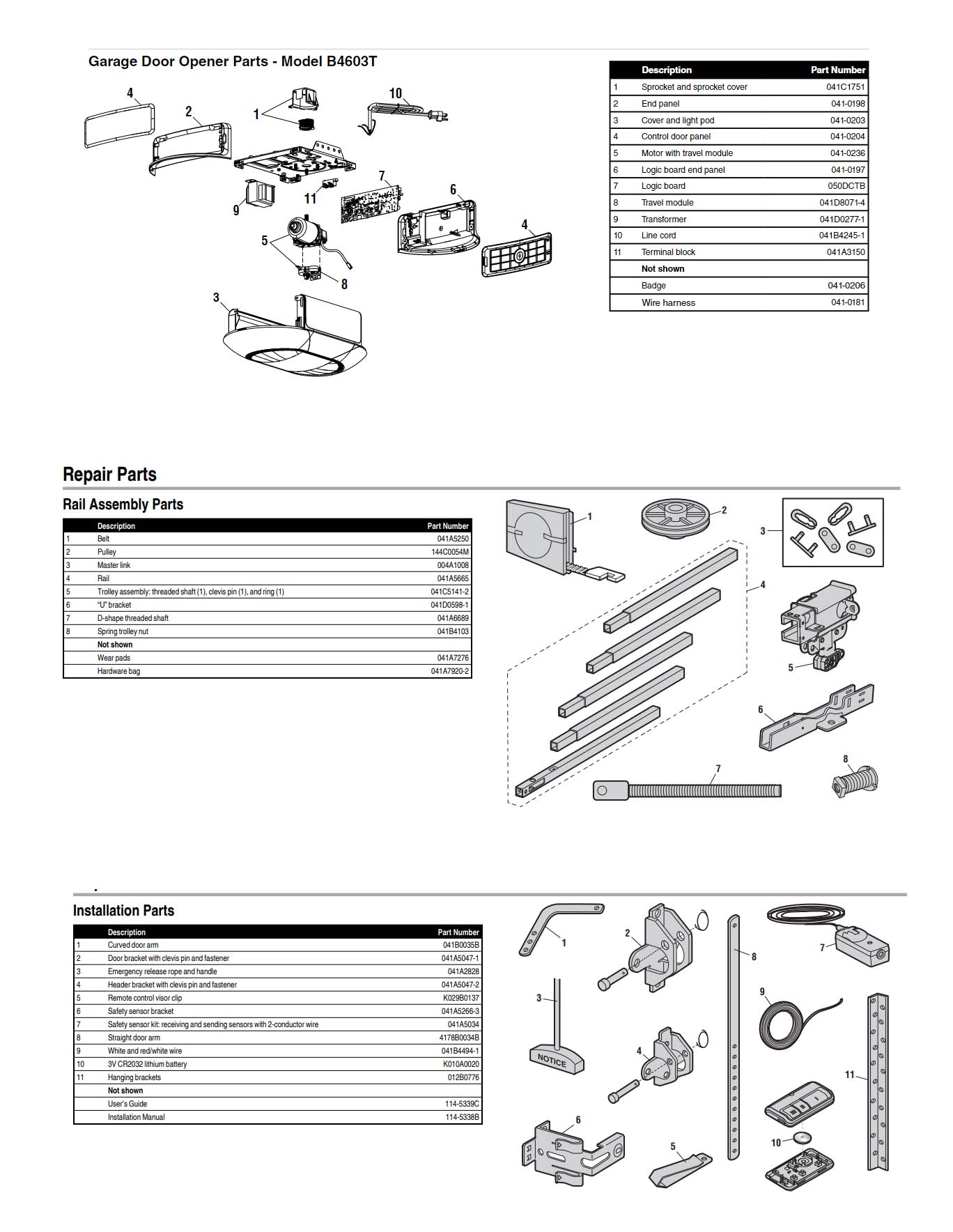 Chamberlain B4603T Garage Door Opener Parts Diagram and List