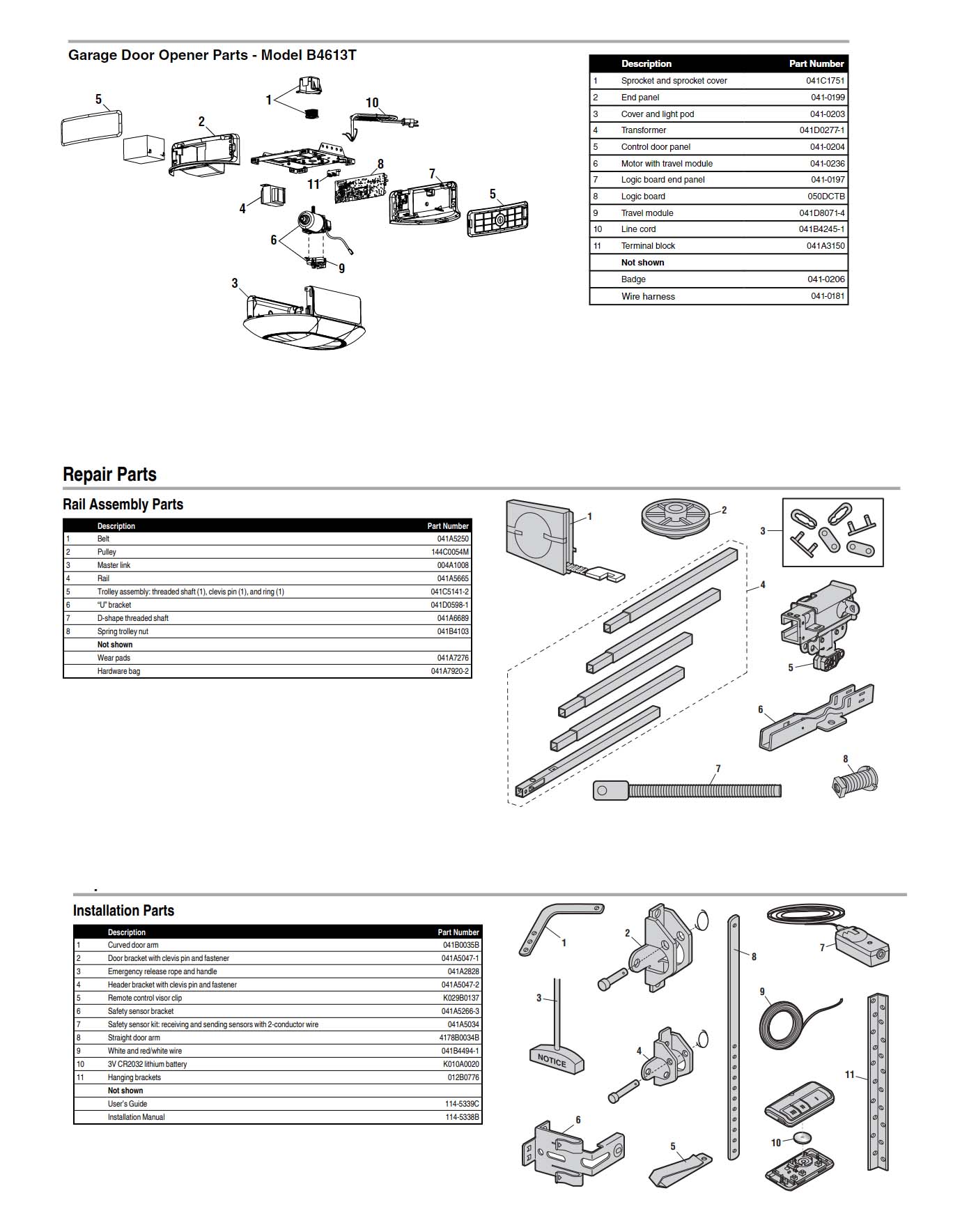 Chamberlain B4613T Garage Door Opener Parts Diagram and List