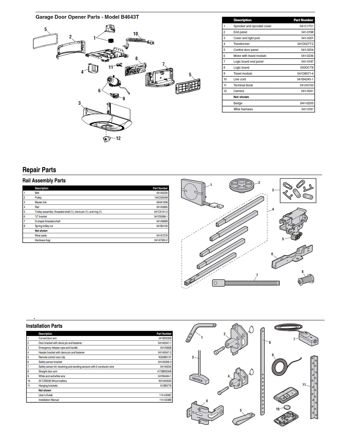 Chamberlain B4643T Garage Door Opener Parts Diagram and List