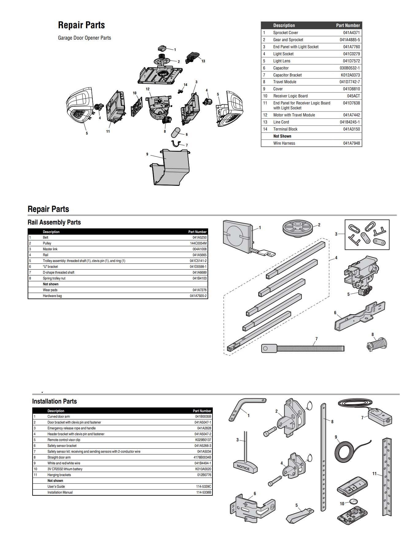 Chamberlain B500, B503 and B510 Garage Door Opener Parts Diagram and List