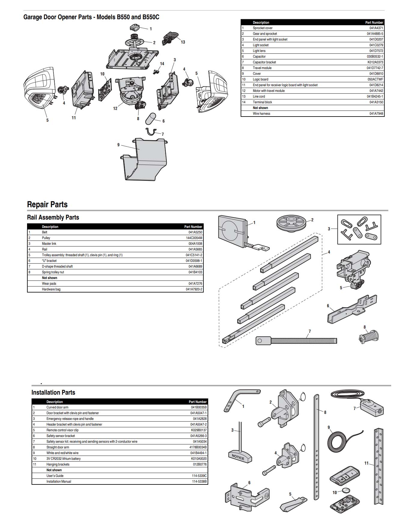 Chamberlain B550 and B550C Garage Door Opener Parts Diagram and List
