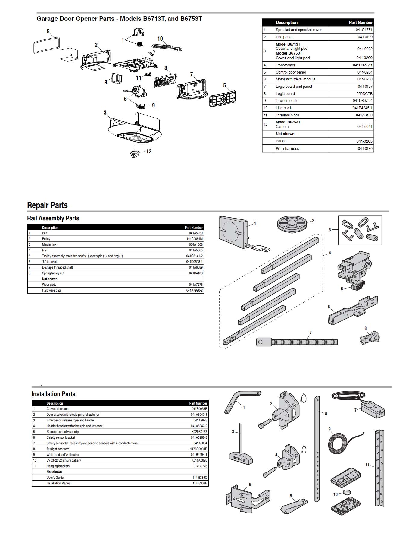 Chamberlain B6713T and B6753T Garage Door Opener Parts Diagram and List