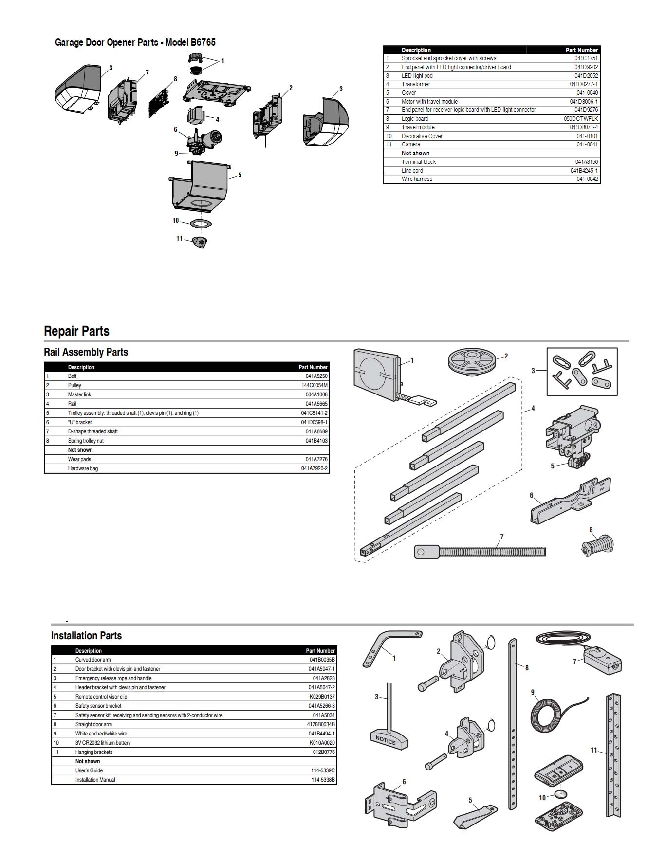 Chamberlain B6765 and B6765T Garage Door Opener Parts Diagram and List
