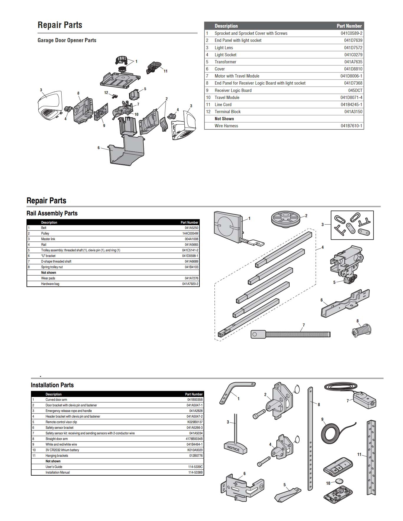 Chamberlain B730, B730C and B740 Garage Door Opener Parts Diagram and List