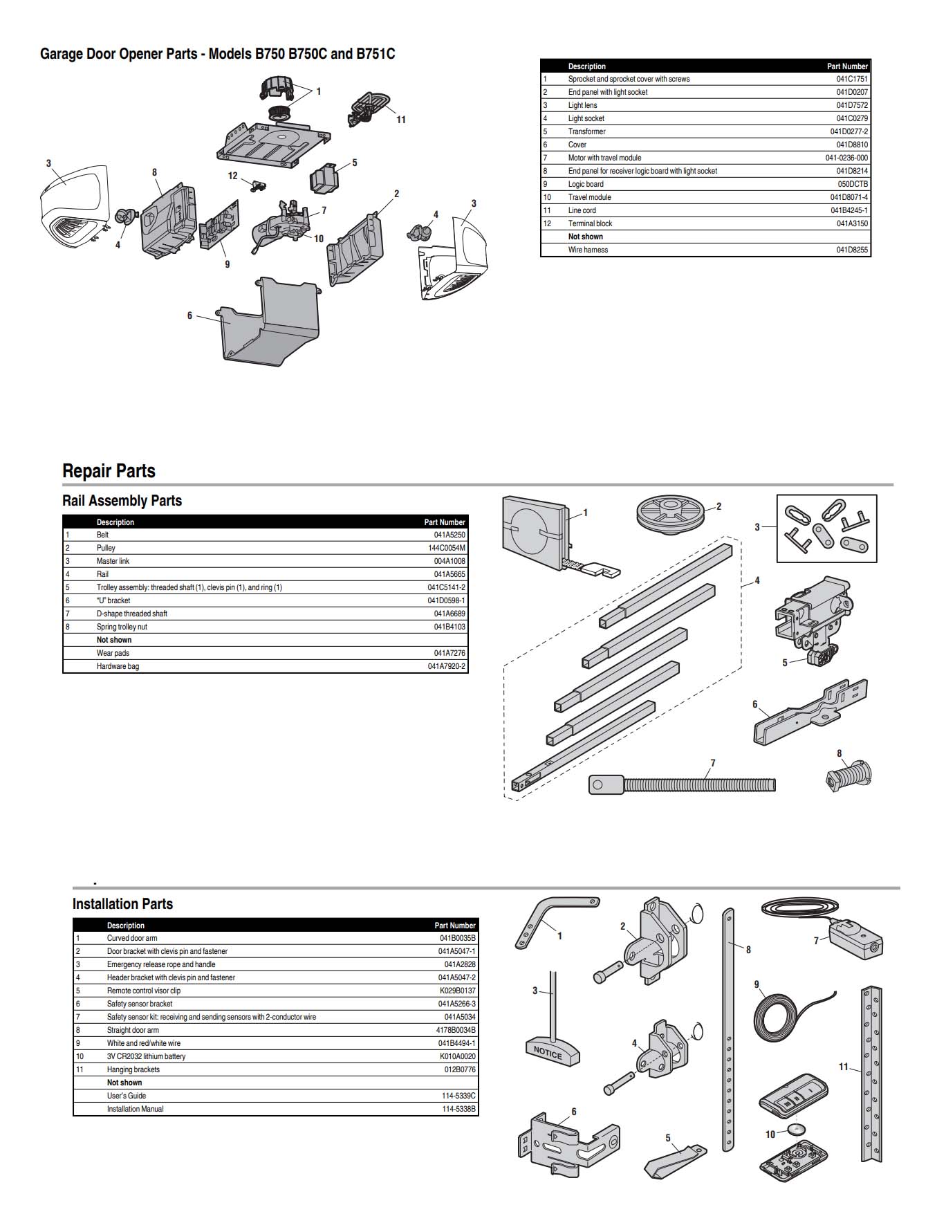 Chamberlain B750, B750C and B751C Garage Door Opener Parts Diagram and List