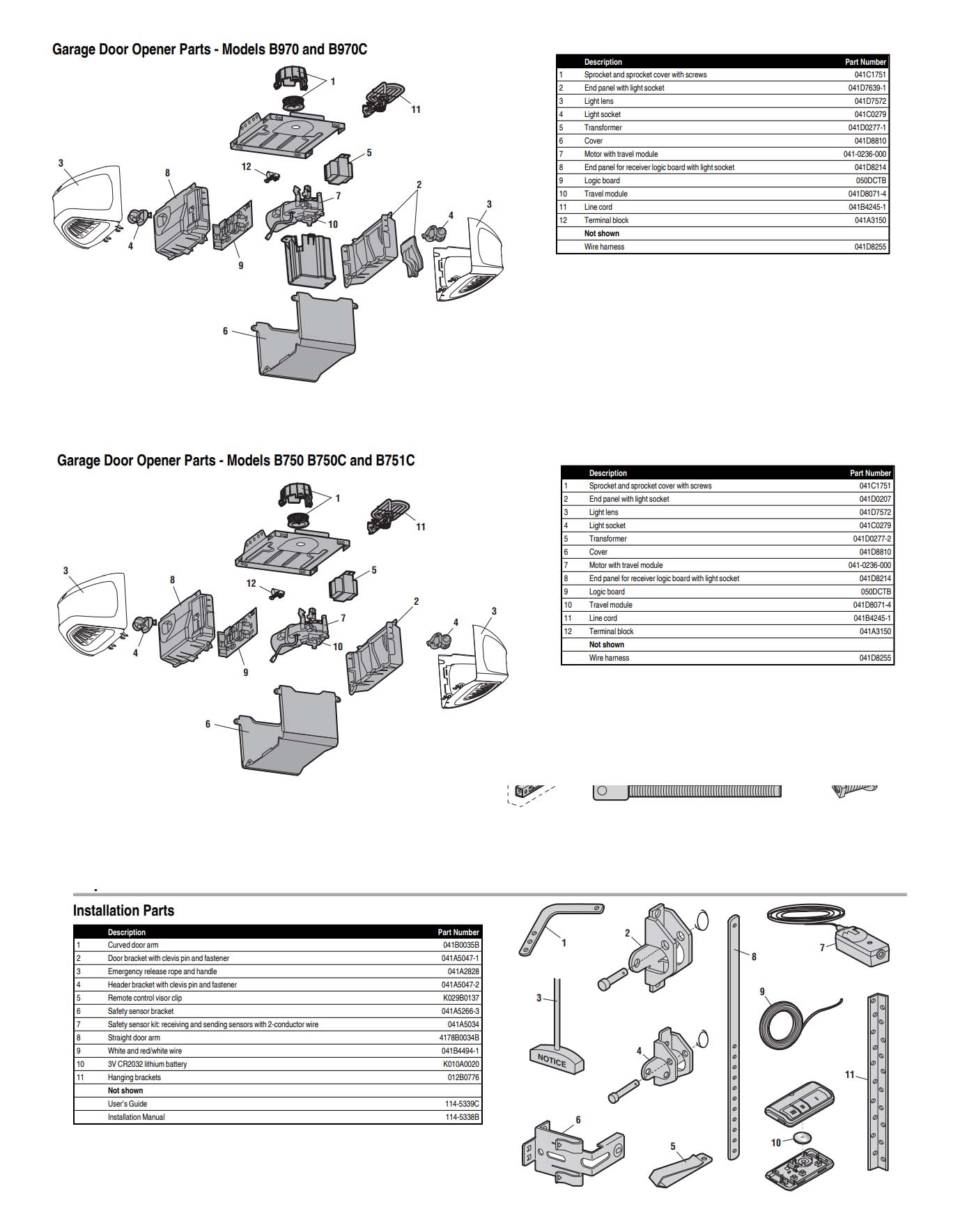 Chamberlain B970 and B970C Garage Door Opener Parts Diagram and List