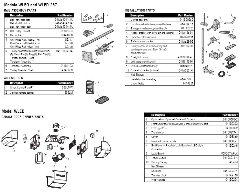 LiftMaster WLED AND WLED-267 Garage Door Opener Parts Diagram and List